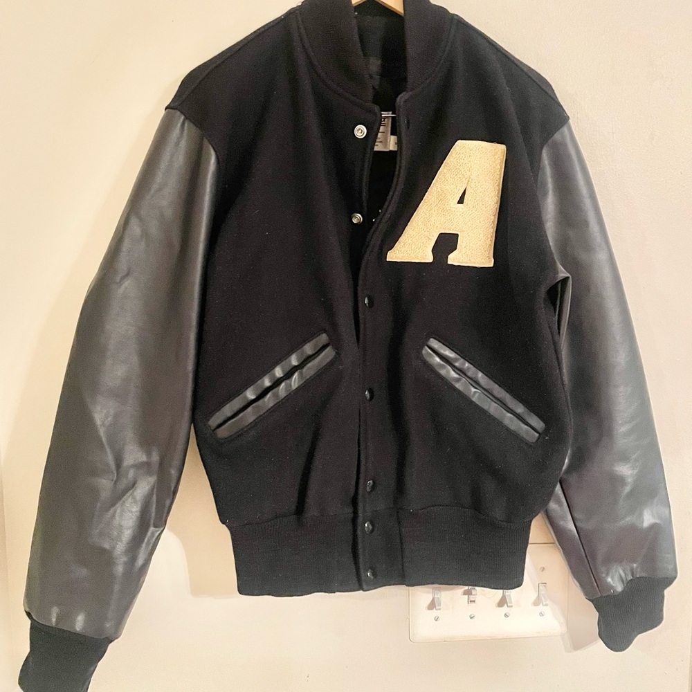 VTG Delong Black Varsity Jacket with Letter Patch- EUC
